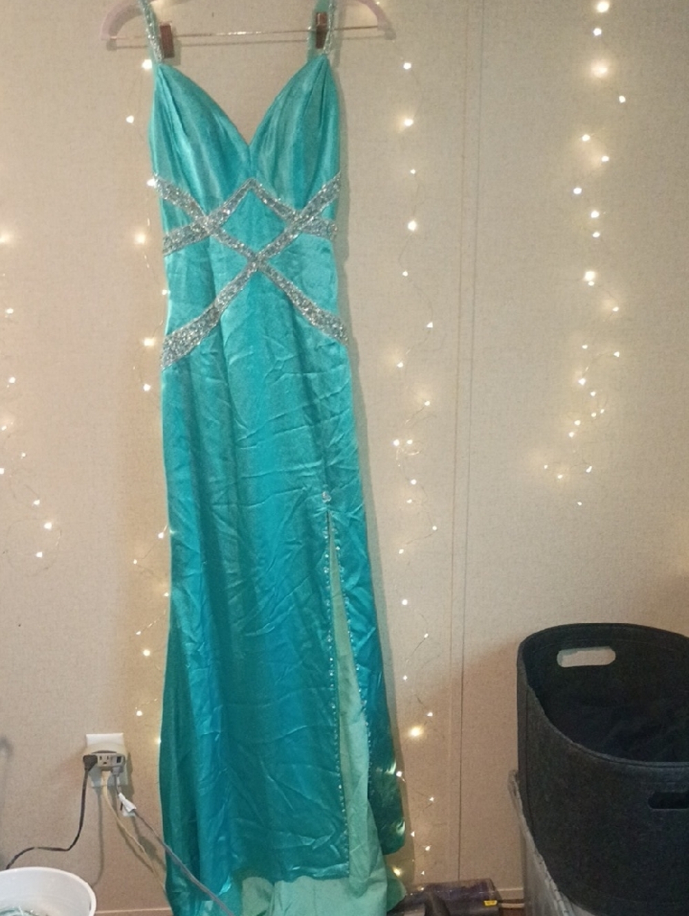 Mori Lee Teal Evening Prom Dress with Silver Beading